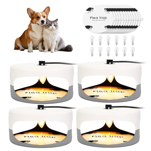 Flea Traps for Inside Your Home, 4 Pack Indoor Flea Light with 12 Sticky Pads Refills & 12 Bulbs Replacement, Odorless Bed Bug Killer Lamp Insect Infestation Treatment Glue Trap for Kids Pet