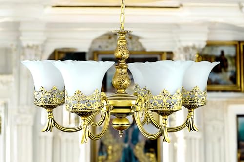 Image of Prop It Up Antique Chandelier, 6 Light Glass Shades, Antique Brass Finish, Victorian Style, Without Bulb
