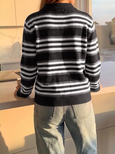 Fisoew Womens Quarter Zip Striped Sweater Collared Long Sleeve Pullover Top - image 4