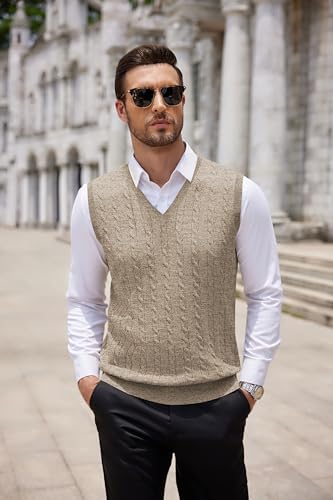 Image of COOFANDY Men's Sweater Vest Cable Knitted V Neck Slim Fit Sleeveless Pullover Sweater