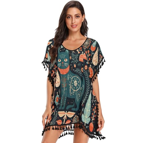 Chirstmas Abstract Flower Cat Women's Beach Cover Up Chiffon Tassel Swimwear Swimsuit Coverups for Girl