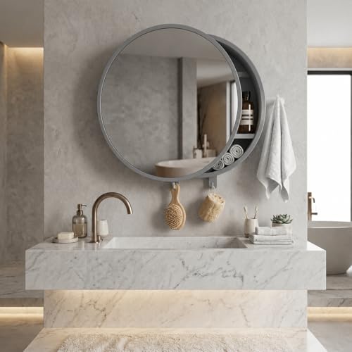 Image of CIPLA PLAST Rich Look Bathroom Cabinet with Mirror | Storage Organiser | Strong Plastic Bathroom Shelves Wall Mounted | Bathroom Accessories| Mirror Cabinet (2, Metellic Grey, Round)