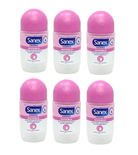 Déodorant Sanex Femme Invisible Tout Type de Peau - Lot de 6 Roll-on 50 ml