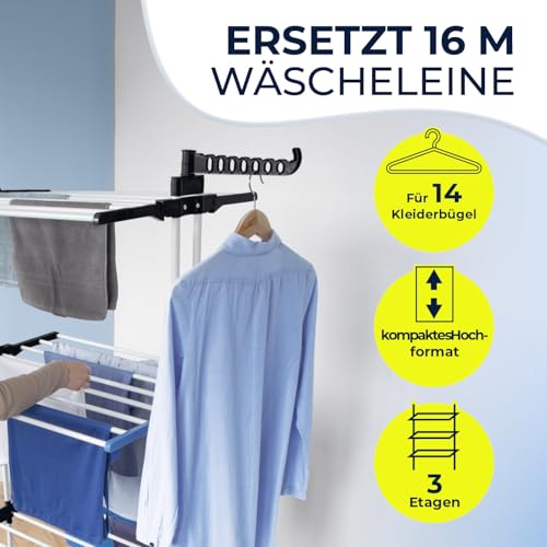 EASYmaxx Klappbarer Wäscheständer | Effizientes Trocknen mit 3 Ebenen, 2 Seitenflügeln & leichtem Aufbau | Platzsparend, vielseitig und mobil für drinnen und draußen, Schwarz/Weiß - Image 3