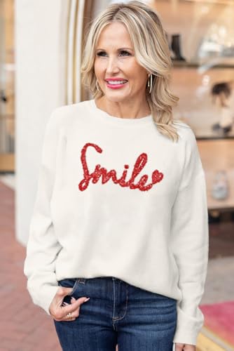 Image of LEMAFER Women 2026 Merry Christmas Round Neck Sequin Letters Sweater Casual Solid Slogan Long Sleeve Pullover Sweatshirt Tops
