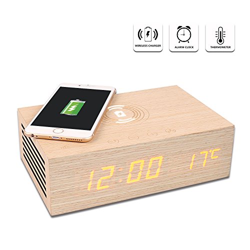 Homtime M9 Qi Wireless Charger Wooden Alarm Clock with USB Charging, NFC Bluetooth Speaker