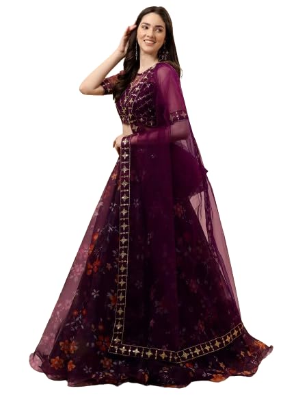 Women's Ethnic Wear Floral Digital Printed Organza zari Sequin Work Semi-Stitched Lehenga Choli With Dupatta