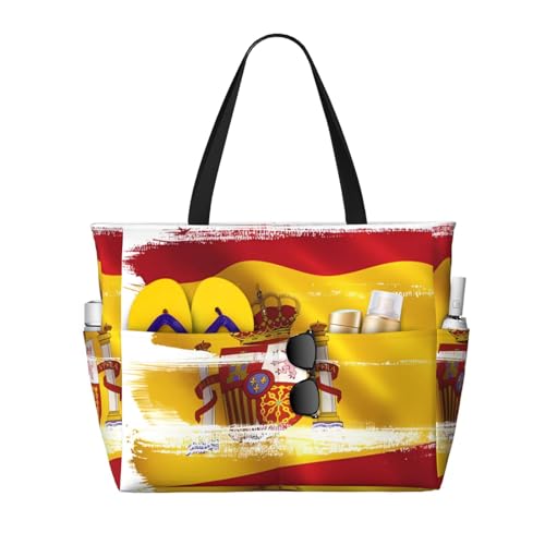 QWVBNSpain Flag Beach travel bag, lightweight and reusable, suitable for family trips, gym and outdoor adventures.
