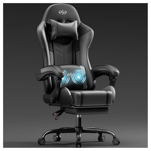 HLONONE Gaming Stuhl mit Massagefunktion, Ergonomischer Gamer Stuhl, Racing Gaming Sessel mit Fußstütze, Kopfstütze und Massage Lendenkissen, Gepolstert PC Stuhl, 150 kg Belastbarkeit, Schwarz-Grau