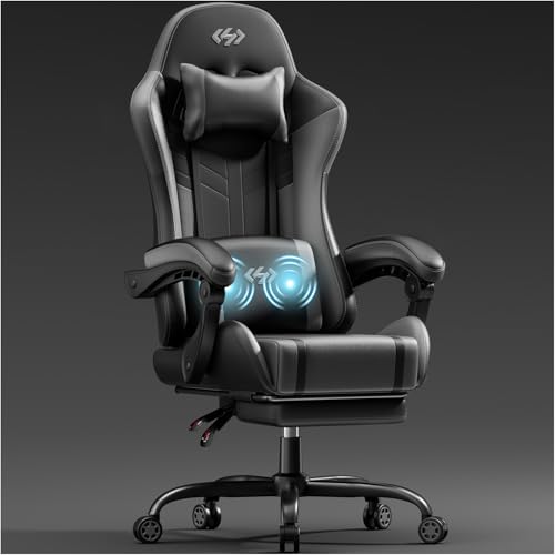 HLONONE Gaming Stuhl mit Massagefunktion, Ergonomischer Gamer Stuhl, Racing Gaming Sessel mit Fußstütze, Kopfstütze und Massage Lendenkissen, Gepolstert PC Stuhl, 150 kg Belastbarkeit, Schwarz-Grau