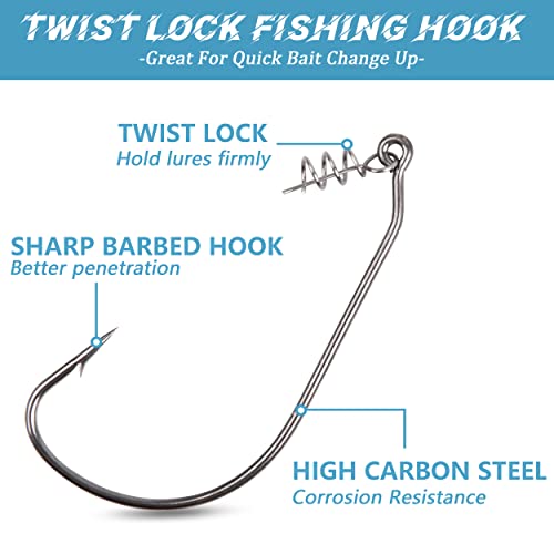 Orootl Twist Lock Fishing Hooks Soft Lures Kit -105Pcs/Box Twistlock Hooks With Centering Pin Unweighted Swimbait Hooks For Soft Plastics Worm Hooks Kit For Bass Saltwater Freshwater #TOP1