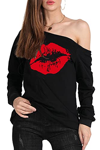 Image of MAGICMK Woman's Sweatershirt Lips Print Causal Blouse Off The Shoulder Long Sleeve Loose Slouchy Pullover Plus Size Tops