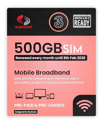 Three 500GB Data SIM - Uncapped 5G - Preloaded MONTHLY Until February 2026 - Plug & Play for Routers & Phones - Access to Three & Vodafone - Connects to the Strongest Signal available