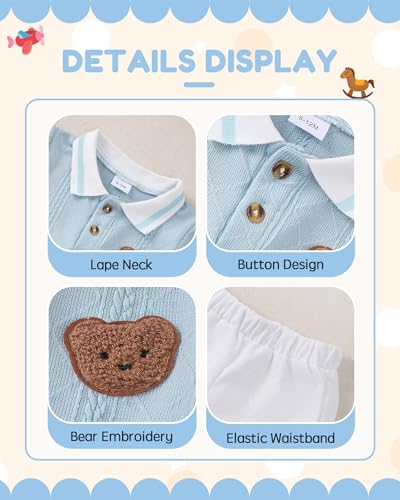 NZRVAWS Toddler Baby Boy Clothes 12-18 Months Summer Spring Boys Polo Shirt Shorts Sleeves Set Bear Button Outfits Clothing 2 PCS Light Blue