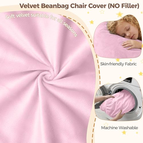 Image of Stuffed Animal Storage Bean Bag Chair Cover for Kids (No Filler), Soft Comfy Velvet Beanbag Chair Cover Machine Washable, Kids Bean Bag Chair with Handle for Living Room Bedroom Dorm, Pink