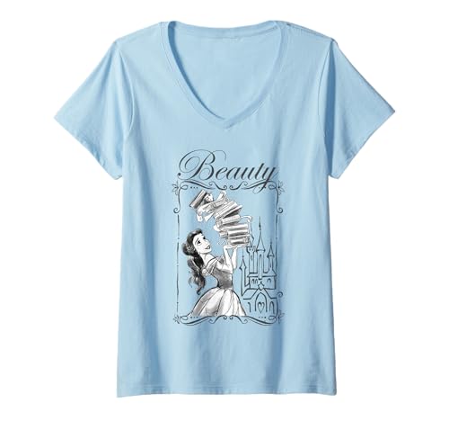 T-shirt Disney La Belle et la Bête femme col V haut graphique imprimé livres vintage