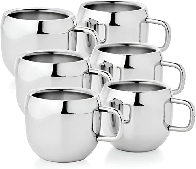 Stainless Steel Tea Cup | Espresso Cups | Chai Coffee Cup | Metal Espresso Cup | Mini Tea Cup | Water Cup For Home or Office- Double Wall (Small Size) | (50 ml Each) | (Set of 6)