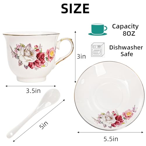 WRINGKIT 18 Pack Tea Cups and Saucers, Floral Tea Cups Set of 6, Porcelain Tea Set with Gold Trim, 8 Oz Coffee Cups with Spoon, Tea Sets for Double Espresso, Latte, Cafe Mocha