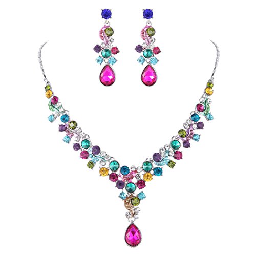 FAYBOX Glamorous Crystal Rhinestone Beading Necklace Earrings Wedding Jewelry Sets Colorful