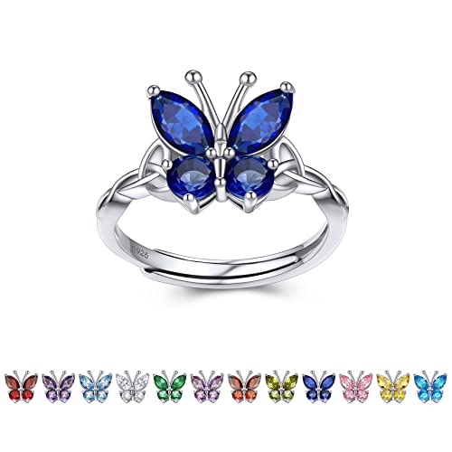 Bestyle Sterling Silver Birthstone Rings for Women, Dainty Butterfly Stackable Ring Adjustable Ideal Valentine's Gifts for Her