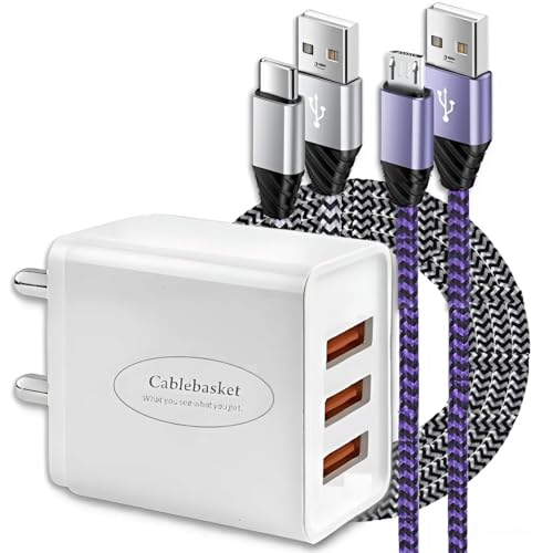 cablebasket Mobile Charger Adapter Fast Charging Multi 3 USB Ports 3.1 Amp with Two Cables Type-c...