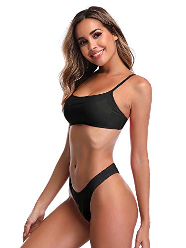 Padded Brazilian Thong Bikini Sets Push Up Two-Piece Swimsuits for Women Sexy Bathing Suits Swimwear Black Medium