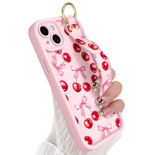 Coque iPhone 15 avec support silicone durable anti-chute et cordon poignet rose cerise