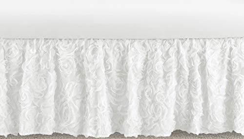 Image of Sweet Jojo Designs White Floral Rose Girl Baby Nursery Crib Bed Skirt Dust Ruffle - Solid Flower Luxurious Elegant Princess Vintage Boho Shabby Chic Luxury Glam High End Roses