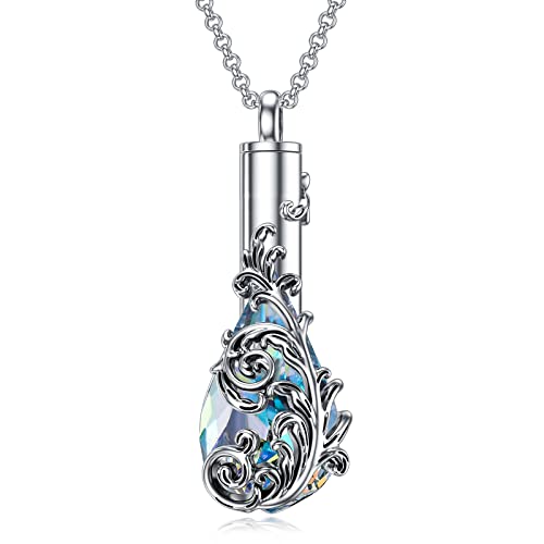 PELOVNY Filigree Urn Necklace for Ashes Sterling Silver Oxidation Crystal Teardrop Cremation Jewelry Memorial with Funnel Filler Gifts for Women Girls