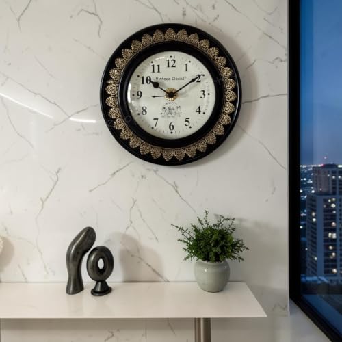 Image of Vintage Clock Brass Inlay Wooden Shiny Brown Handcrafted Wall Clock Handcrafted for Living Room Home Office Decor /VC-9154-10-FE