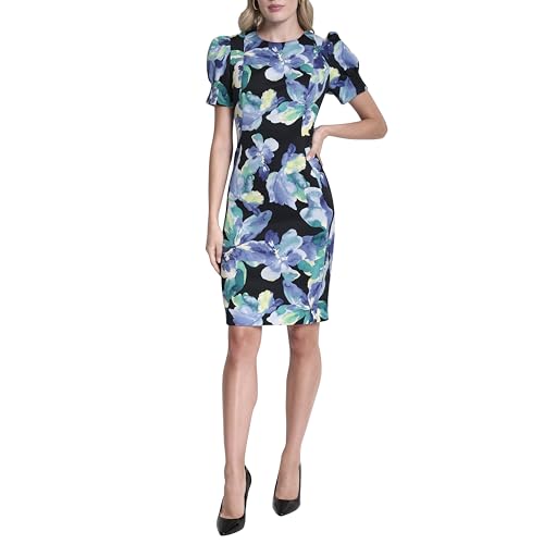 Image of DKNY Women's Short Puff Sleeve Knee Length Sheath Dress with Exposed Back Zipper
