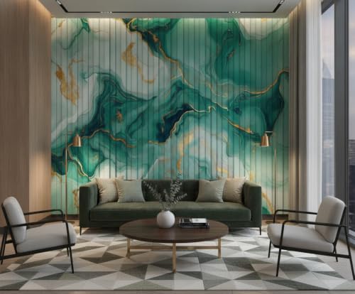 Image of Green Gold Louvers Self-Adhesive Kitchen Wallpaper Roll, PVC 3D Wall Sticker Oil Proof, Waterproof & Washable Wallpaper for Home Decor, Living Room, Bedroom, Hotel & Cafe Walls (45x300cm)
