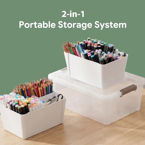 Image of MACOPRO 17QT Craft Storage Box with 2 Removable Caddy Trays, Clear Stackable Plastic Organizer with Lid for Art Supplies, Beads, Sewing Tools, Pens & Kids Toys (White, 1Pack-2-in-1)