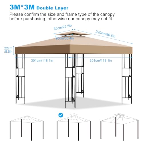 10x10 Canopy Replacement Top, Double Tiered Gazebo Cover with Air Vent Heavy Duty, Waterproof Gazebo Roof with Upgraded 300D Polyester for Outdoor Patio Garden Canopy (Khaki, Flat Edge) - Thumbnail 2