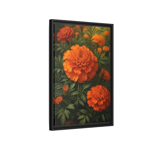 Toile florale souci orange salon au-dessus du canapé cadre noir
