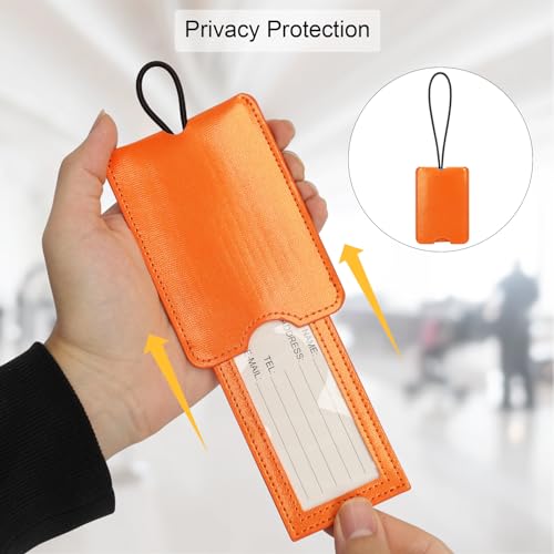 FYY Luggage Tag - 2 Pack PU Leather Luggage Tags for Suitcases with Name ID Card Travel Tags Labels with Privacy Cover for Baggage Handbag School Bag Suitcase Orange4