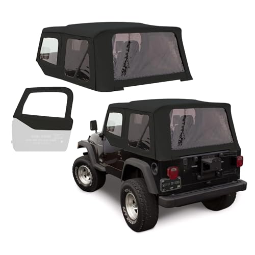 Sierra Offroad Soft Top for 1997 to 2006 Jeep Wrangler TJ - Black, Denim Vinyl - 2 Door Jeep Soft Top with Rear Plastic Tinted Windows - Factory Precision Fit Replacement - With Upper Door Skins by Sierra Offroad - Used condition - US$233.99