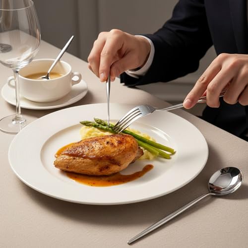 Image of Slim Handle Silver 5 Pcs Stainless Steel Cutlery Set for Dining Table, Dishwasher Safe Glossy Flatware (1 Spoon Set+1 Forks Set+1 Butter Knife+1 Dessert Spoon+ 1 Fruit Fork)