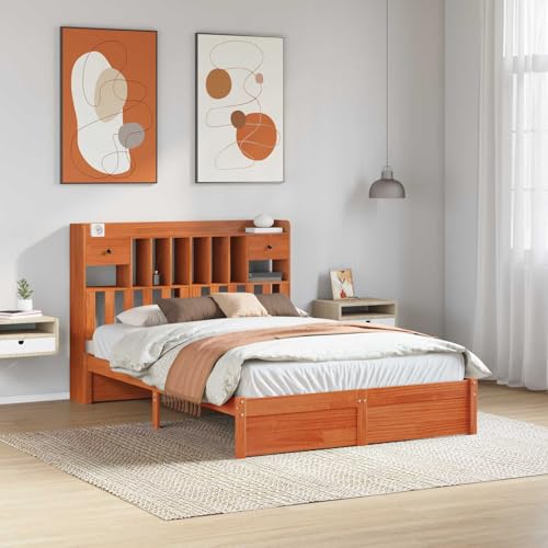 Teenpull Marco de Cama con cabecero y estantería marrón Cera, Madera de Pino Macizo, 200 x 150 cm, somier de Lamas, almacenaje con cajón para Dormitorio, Descanso y
