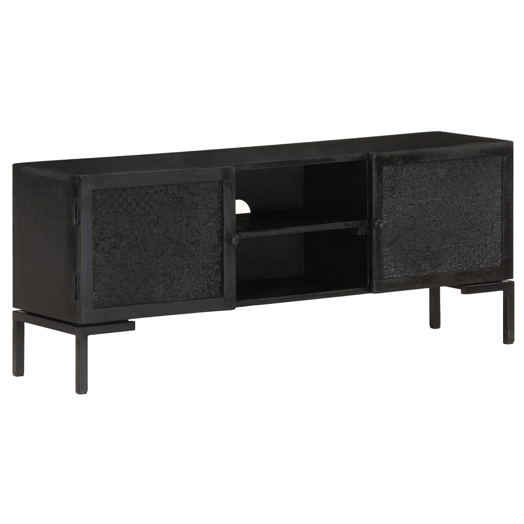 Meuble bas TV noir 115 cm en bois massif avec portes phoniques