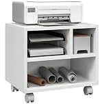 HOMCOM 2-Tier Desk Stand with Storage, Under Desk Cart on Wheels with 3 Compartments, Home Office Printer Table, White