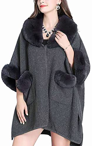 Image of Women Poncho with Pocket Warm Cashmere Cardigan Cape with Rabbit Fur