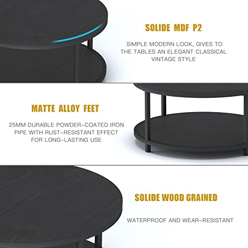 Image of NSdirect Round Coffee Table, 36 inch Rustic Wooden Surface Top & Sturdy Metal Legs Industrial Sofa Table for Living Room Modern Design Home Furniture with Storage Open Shelf (Black Oak)