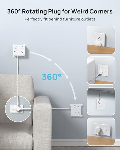 Regleta de energía TROND con enchufe giratorio 360°, extensión de 5 pies con 3 tomas y 3 puertos USB, para montaje en pared o cajón miniatura 4
