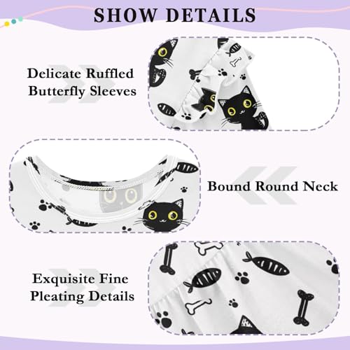 Black Cat Footprint with Fishes Girls Shirts Cotton Long Sleeve Ruffle Toddler Tee Tops 6