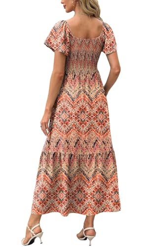 Image of OFEEFAN Summer Dresses for Women Square Neck Ruffle Sleeve Smocked Maxi Dress with Pockets