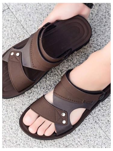 GORGLITTER Men's Beach Leather Sandals Slide Footwear Cut Out Studded Slippers Flat Shoes3