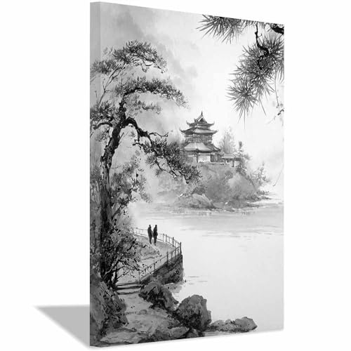 HUYEEI Noir et blanc Impression sur Toile Promenade parmi les pavillons de pin Peinture Tableaux,Muraux,pour Bureau Couloir Salle de bain Déco Chambre...