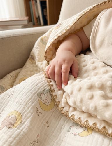 Image of Baby Blanket 40x40 Inches,Muslin Cotton and Minky Dotted Double Layer Soft Receiving Blanket for Newborn Toddler,Lunar Elephant