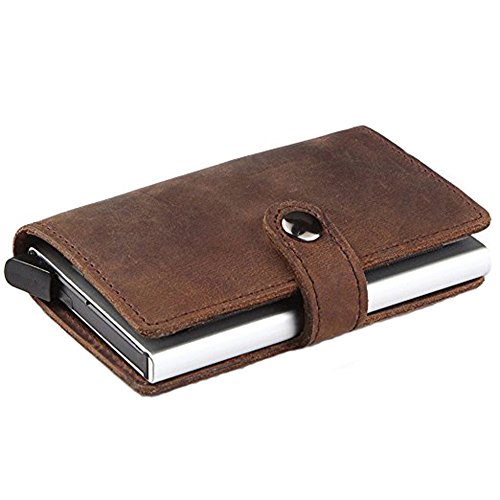 HONB RFID Credit Card Holder, Slim Genuine Leather Wallet for Travel, Pop Up Wallet for Men (Brown)